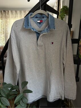 Tommy Hilfiger Gray Long-Sleeve Rugby Polo with Denim Collar